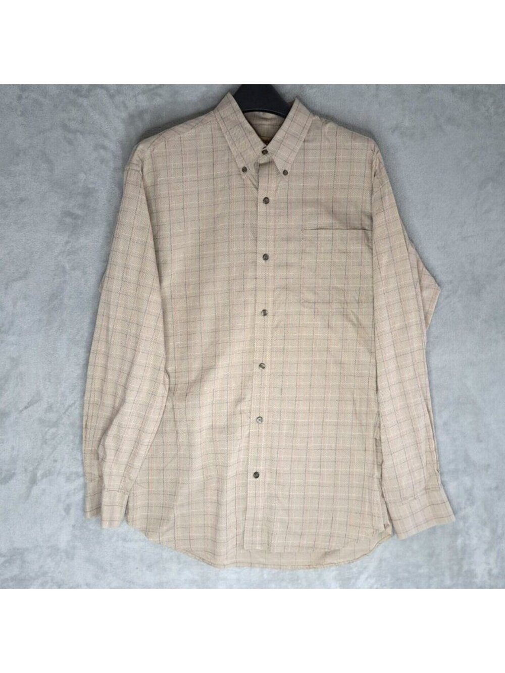 Tricots St Raphael Large Beige Plaid Button Down Collared Long Sleeve Shirt